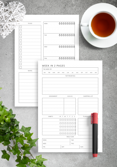 Download Week in 2 Pages Extended Template - Minimalist Style - Printable PDF