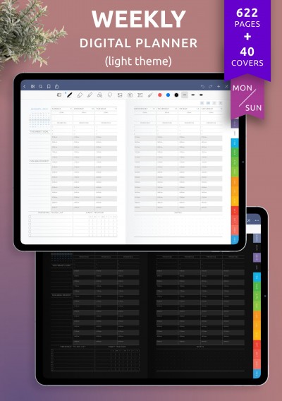 Download Weekly Digital Planner PDF for iPad (Light Theme) - Printable PDF