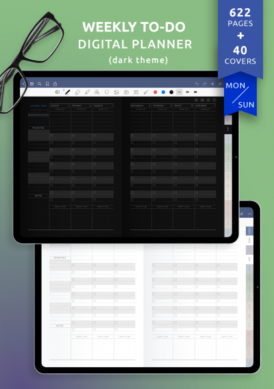 Download Weekly To-Do Digital Planner for iPad (Dark Theme) - Printable PDF