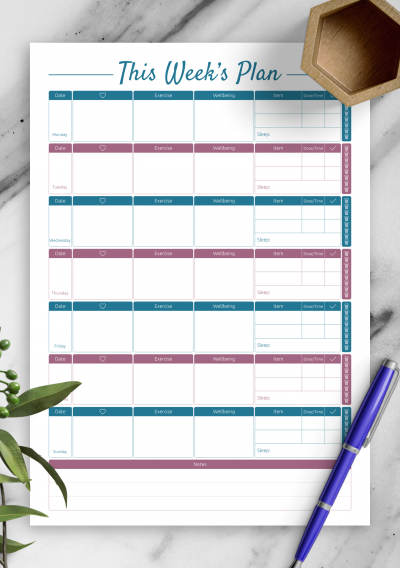 Download Weekly fitness and meal template - Printable PDF