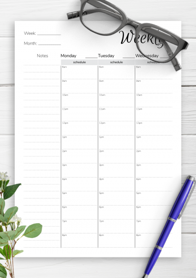 Download Weekly hourly planner with notes section - Printable PDF