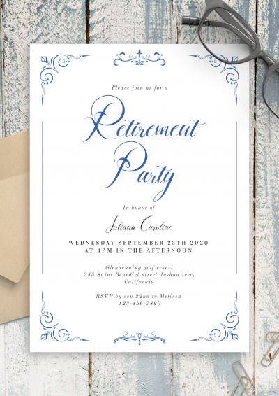 Download Whimsical Scrolls Vintage Retirement Party Invitation - Printable PDF