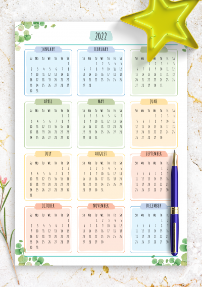 download printable yearly calendar floral style pdf