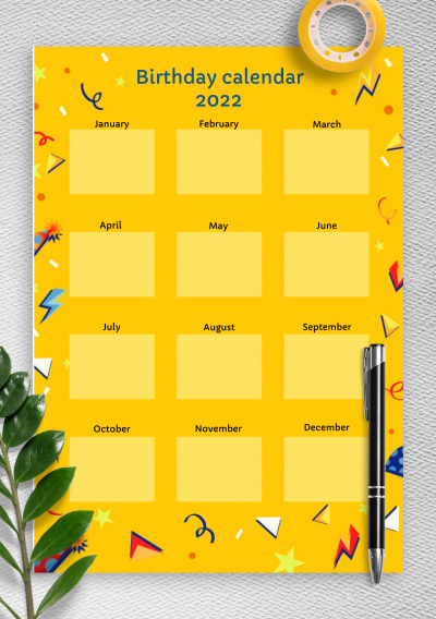 Download Yellow Confetti Birthday Calendar - Printable PDF