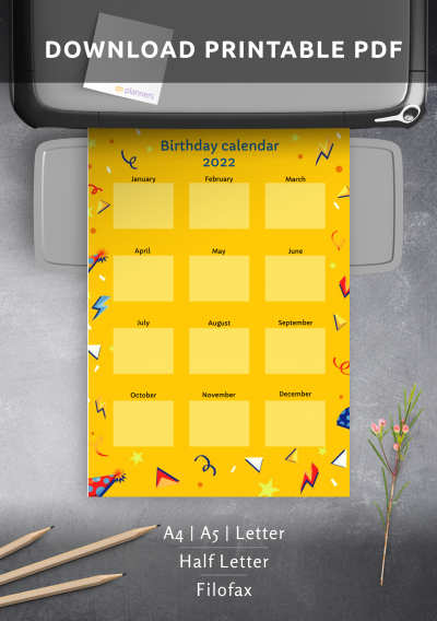 download printable yellow confetti birthday calendar pdf