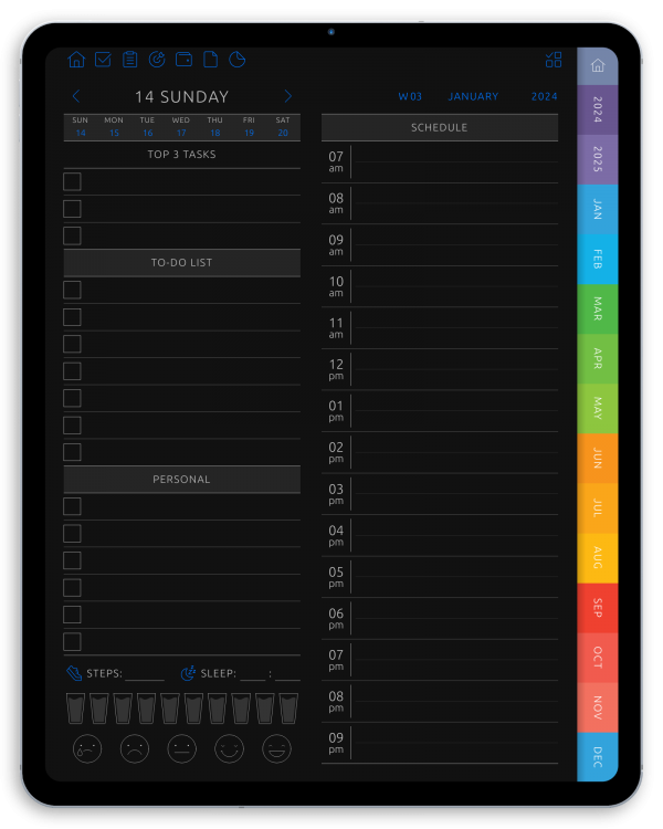 Download Daily Digital Planner PDF for GoodNotes, iPad, Android (Dark)