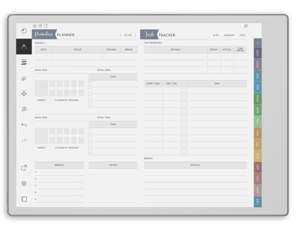 2026 - 2027 Pomodoro Planner for reMarkable - Download Hyperlinked PDF