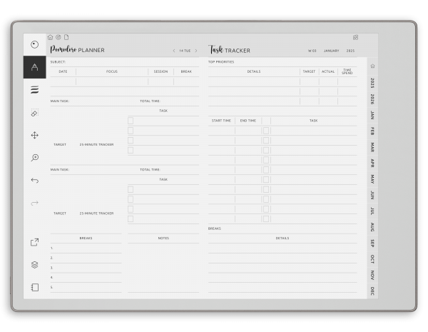 2026 - 2027 Pomodoro Planner for reMarkable - Download Hyperlinked PDF