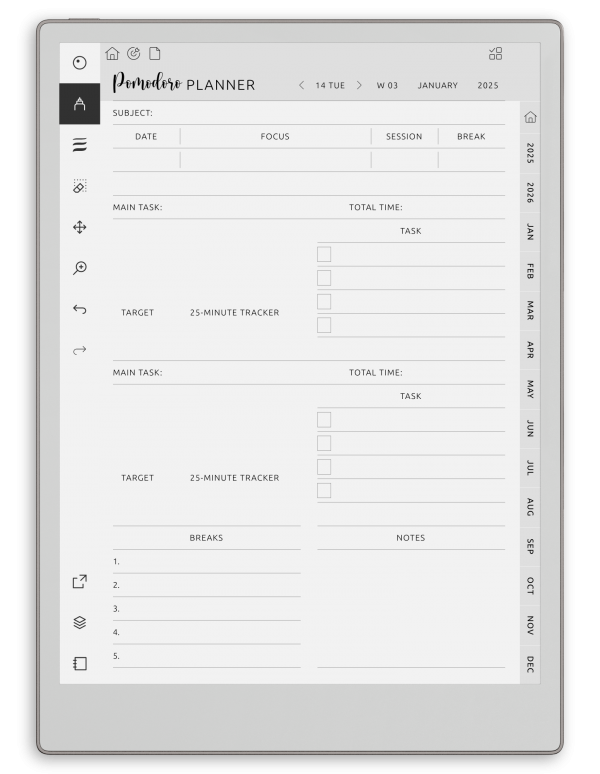 2026 - 2027 Pomodoro Planner for reMarkable - Download Hyperlinked PDF
