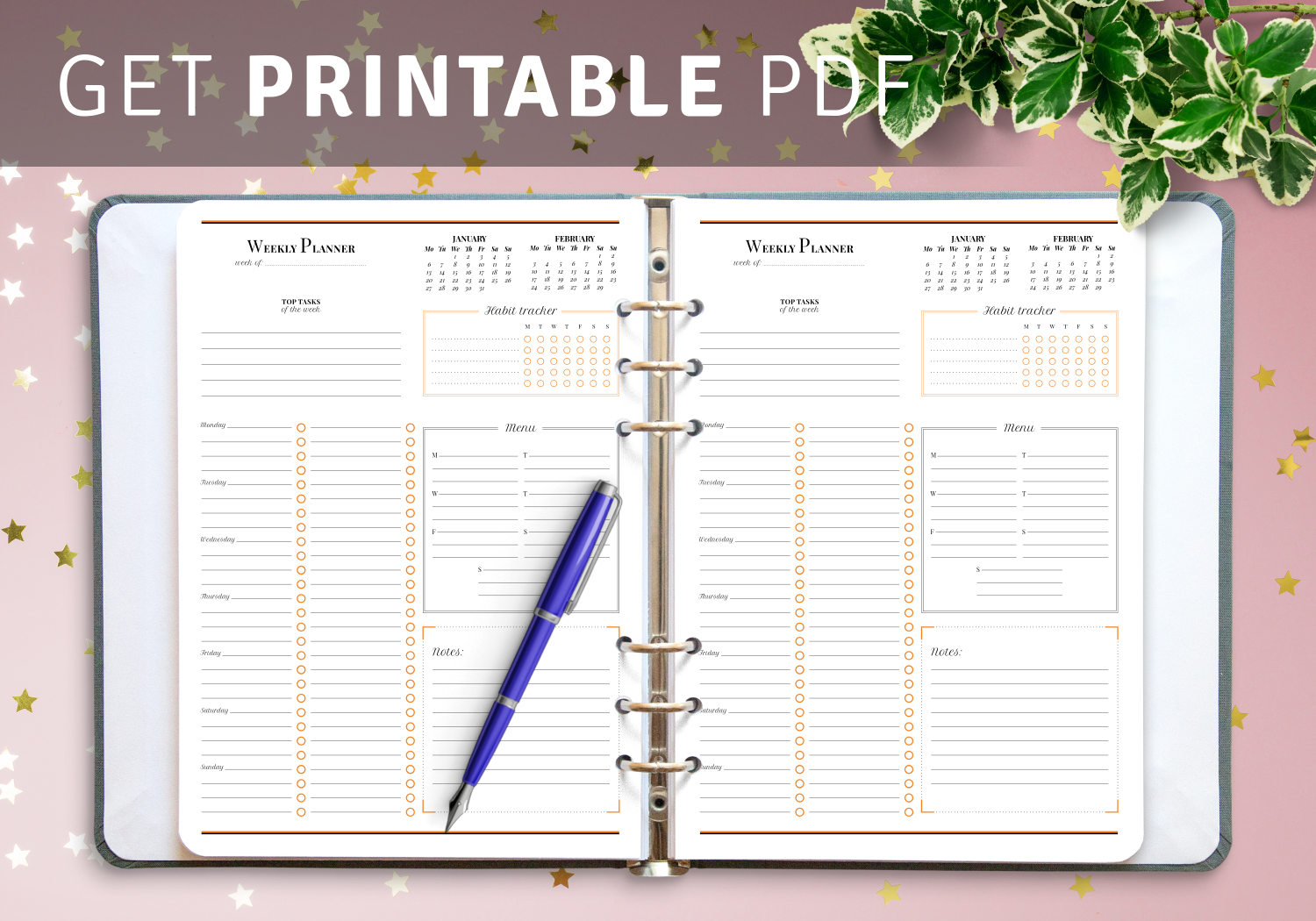 Weekly planners with calendar Download printable PDF