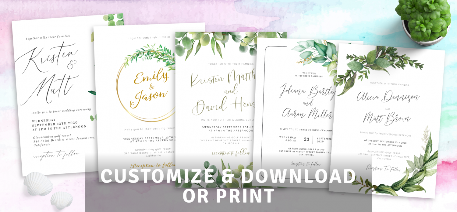 Editable PDF Rush Order Leaves Wedding Invite Greenery Wedding Invite Set INSTANT DOWNLOAD Rustle Green Wedding Invite Rustic Invite