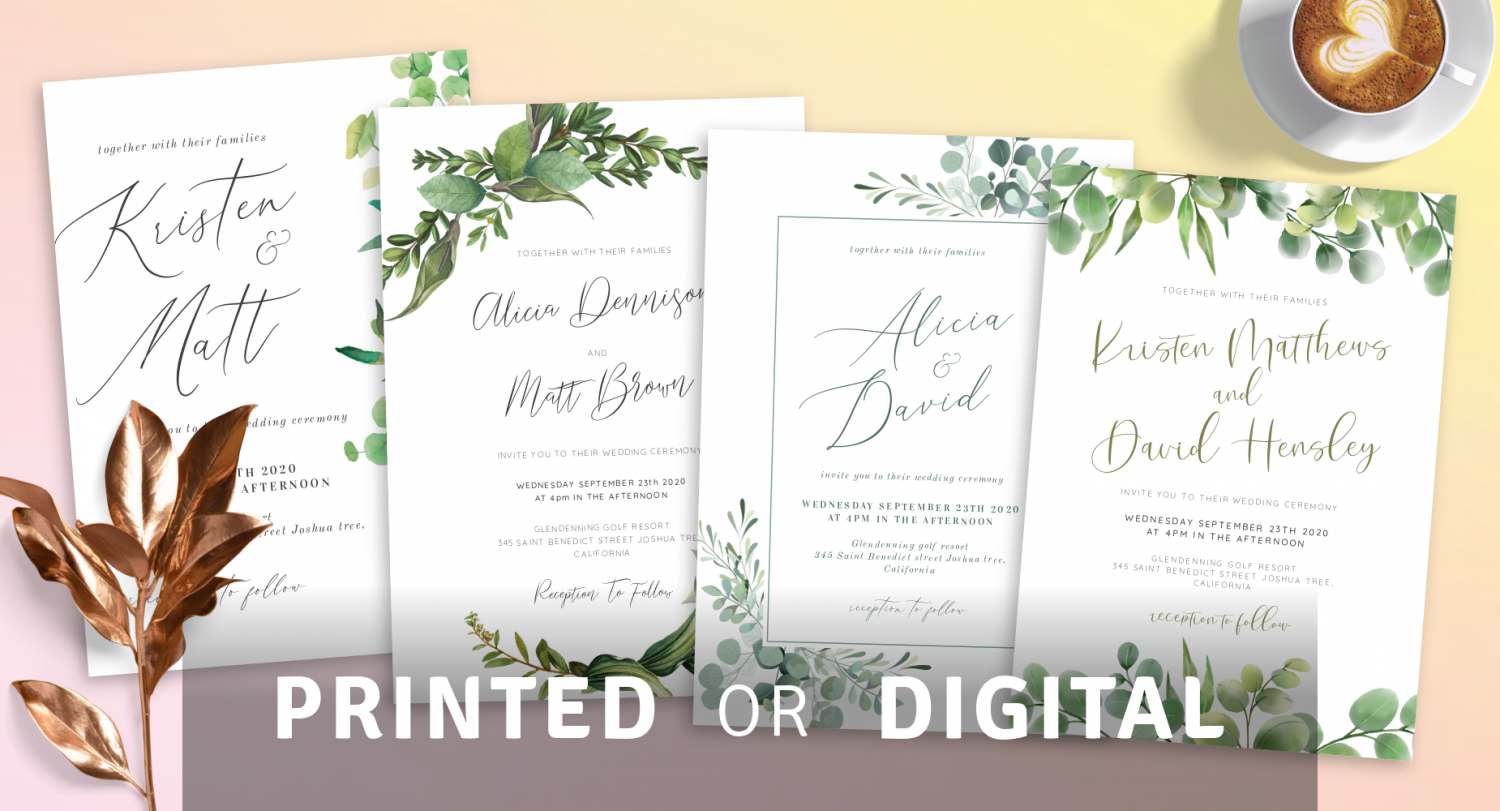 Printed or Digital Greenery Wedding Invitations