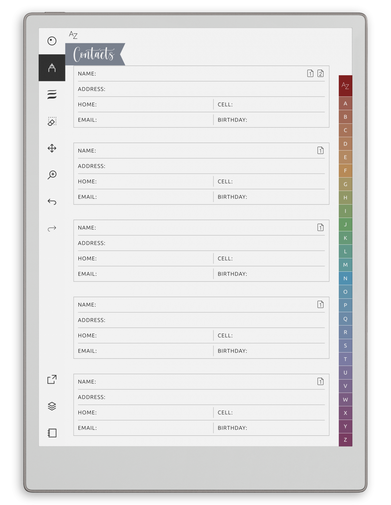 Alphabetical A-Z Tabs Hyperlinked reMarkable Planner - Portrait Elegant-Color Theme