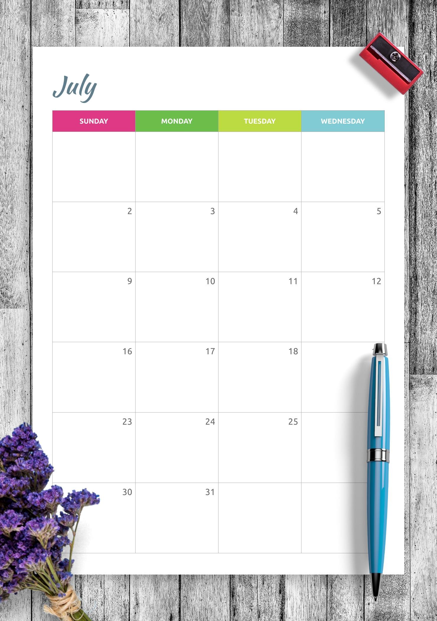 Download Printable Colored Horizontal Monthly Calendar PDF