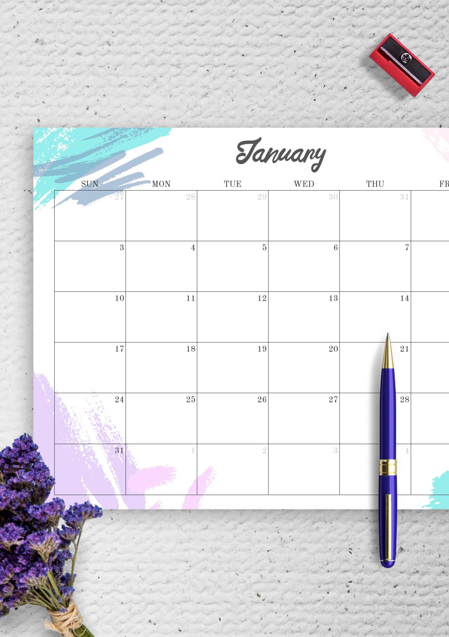 Download Printable Colored Monthly Calendar PDF