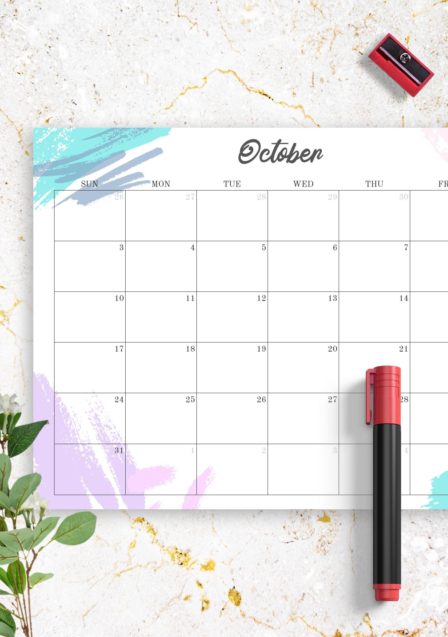 Download Printable Colored Monthly Calendar PDF