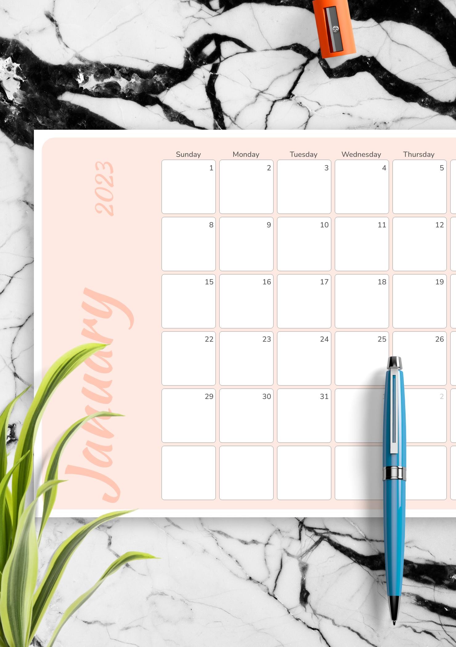 Download Printable Colored Pink Monthly Calendar PDF