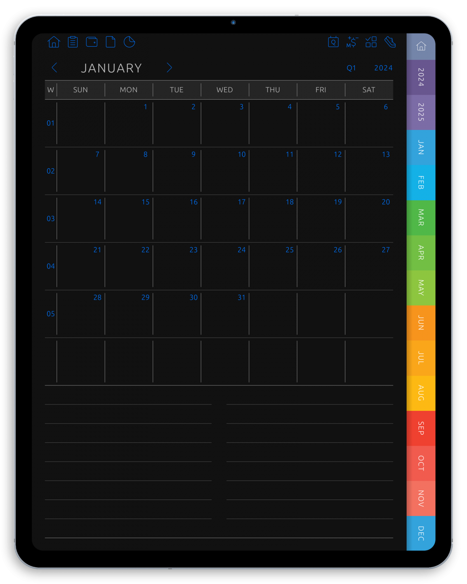 Digital Monthly Calendar (5 years) yy - yy+5 - Portrait Dark Theme