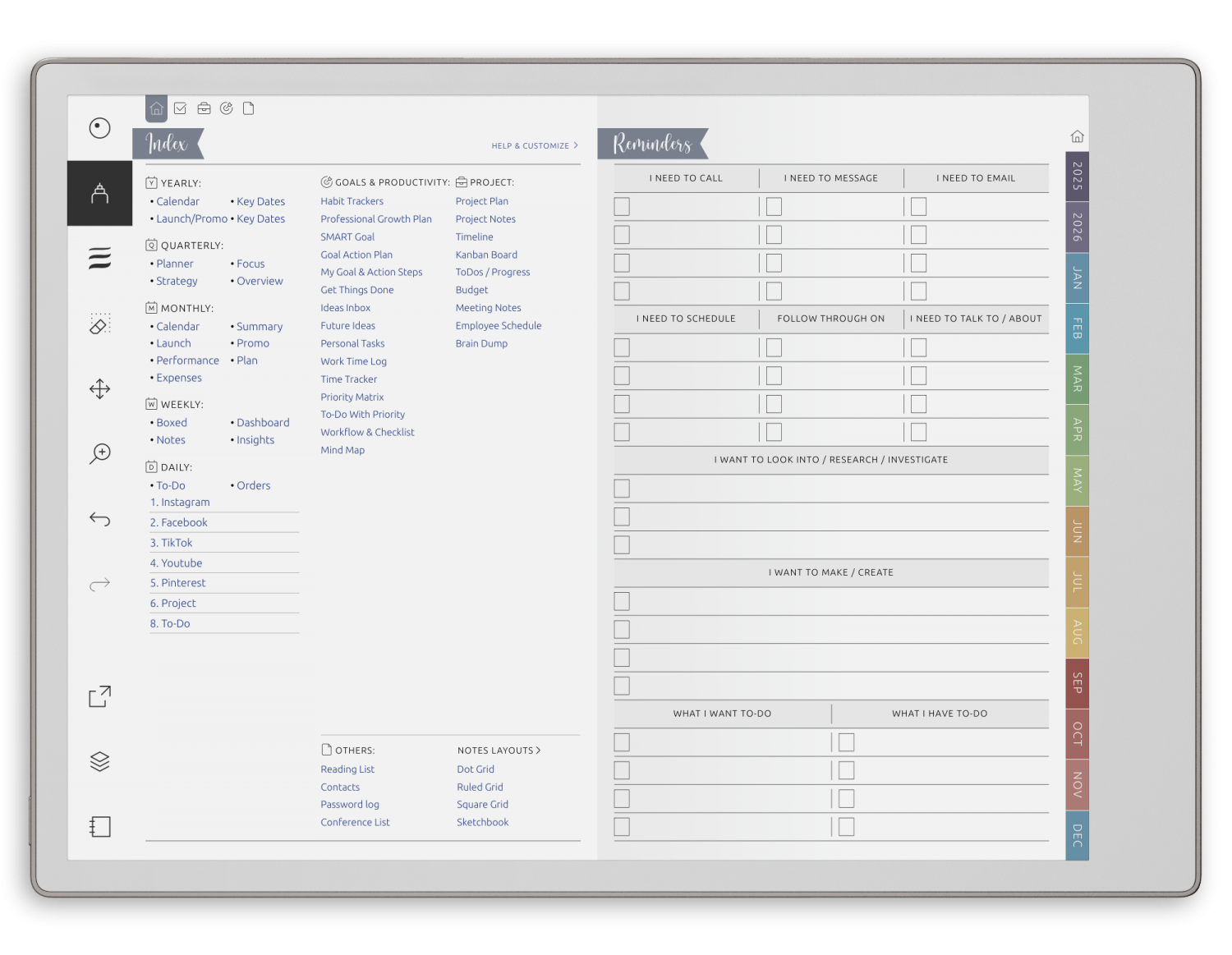 Digital Shop Planner for reMarkable - Landscape Elegant-Color Theme