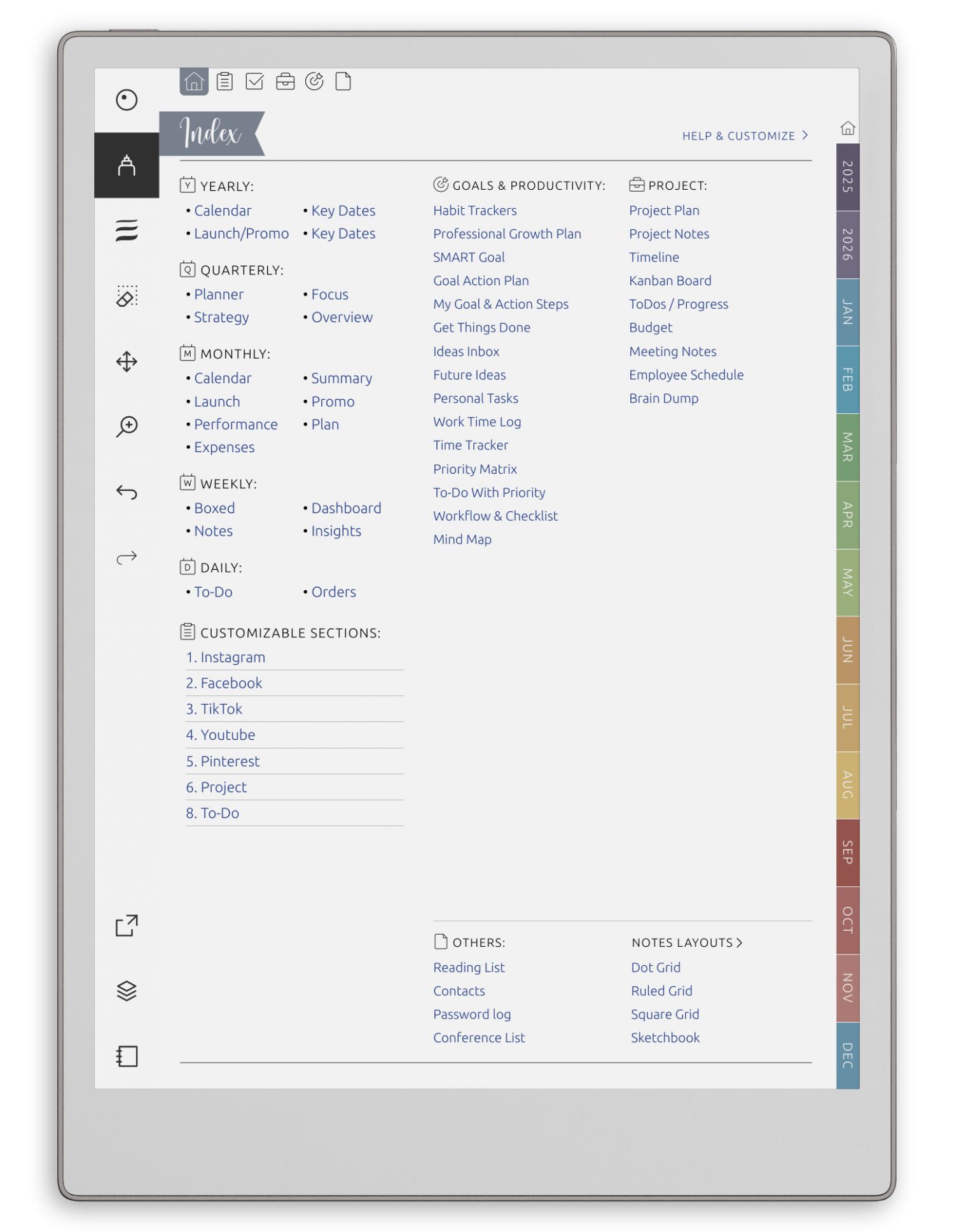 Digital Shop Planner for reMarkable - Portrait Elegant-Color Theme