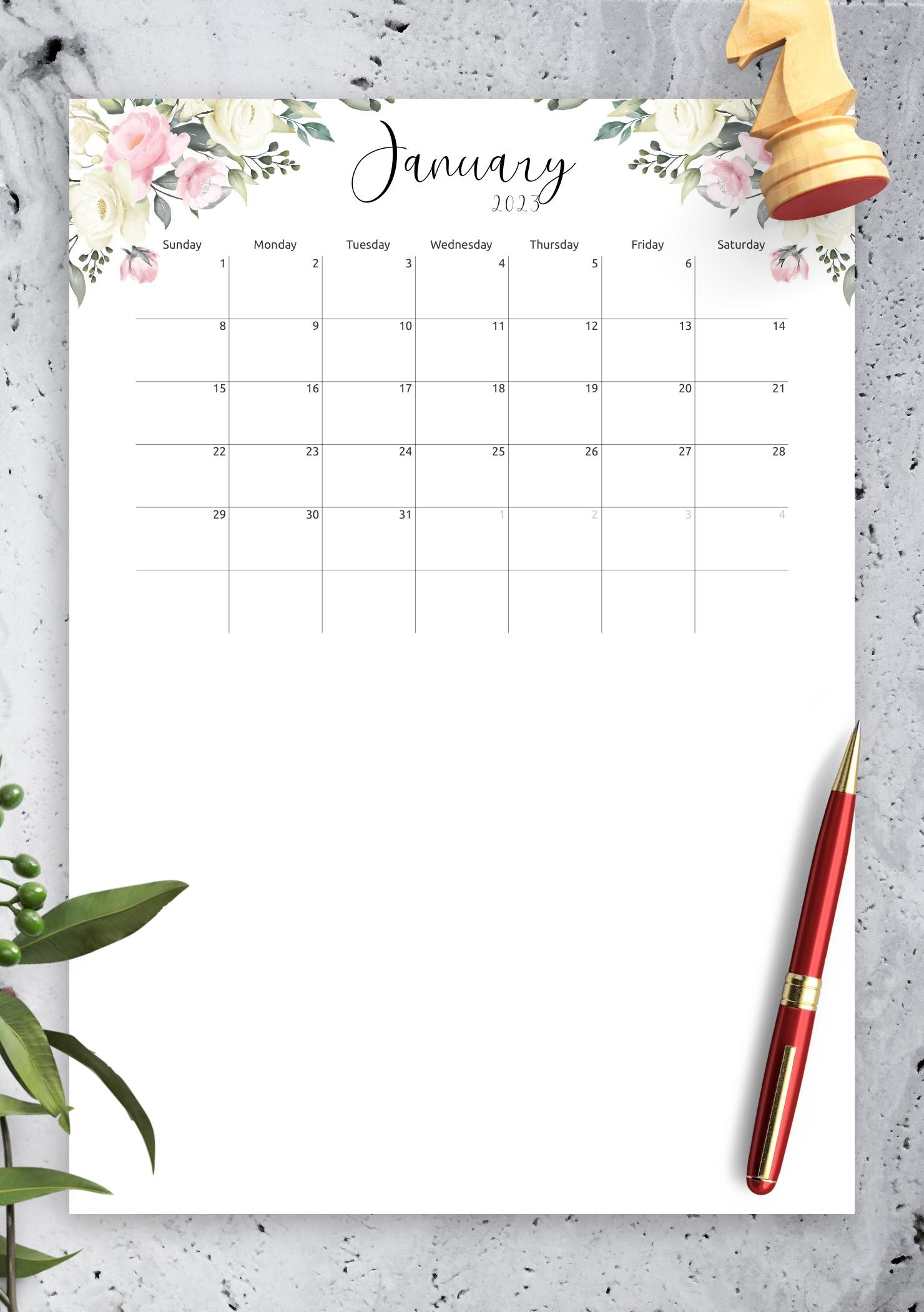 Download Printable Floral Design Monthly Calendar PDF