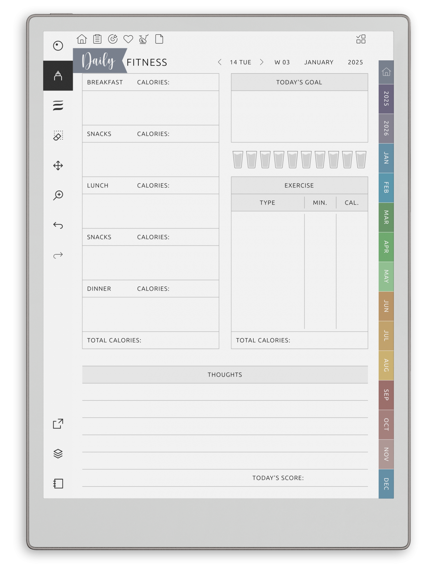 Health &amp; Fitness Planner for reMarkable 2 &amp; 1 - Portrait Elegant-Color Theme