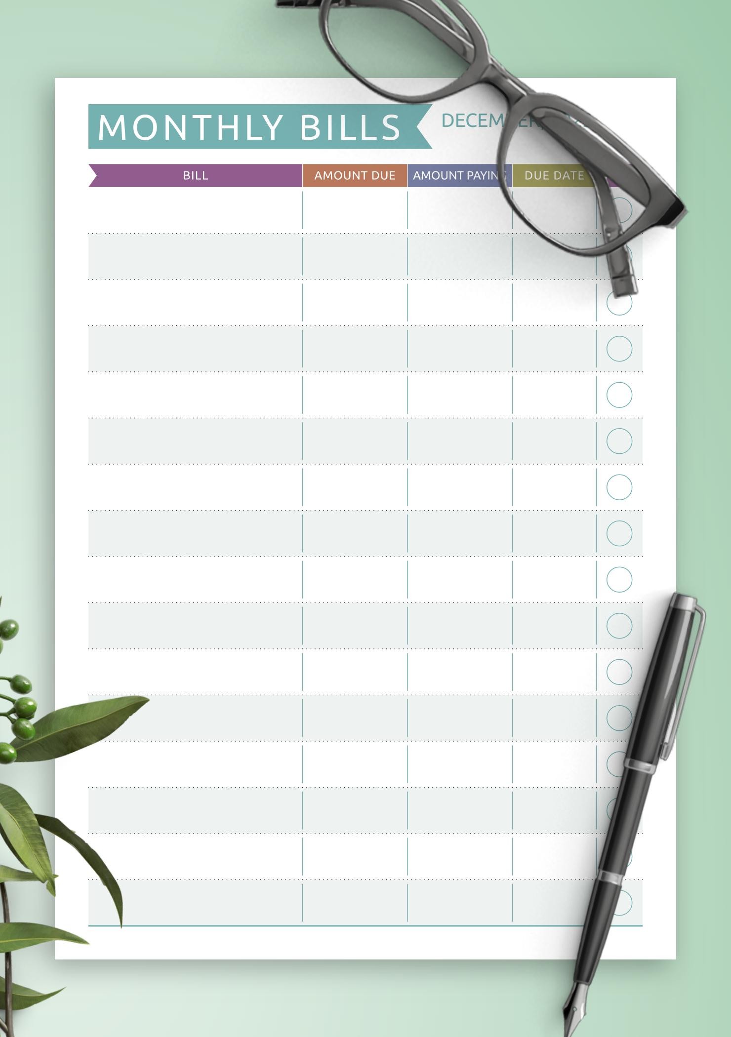 Download Printable Monthly Bills - Casual Style PDF