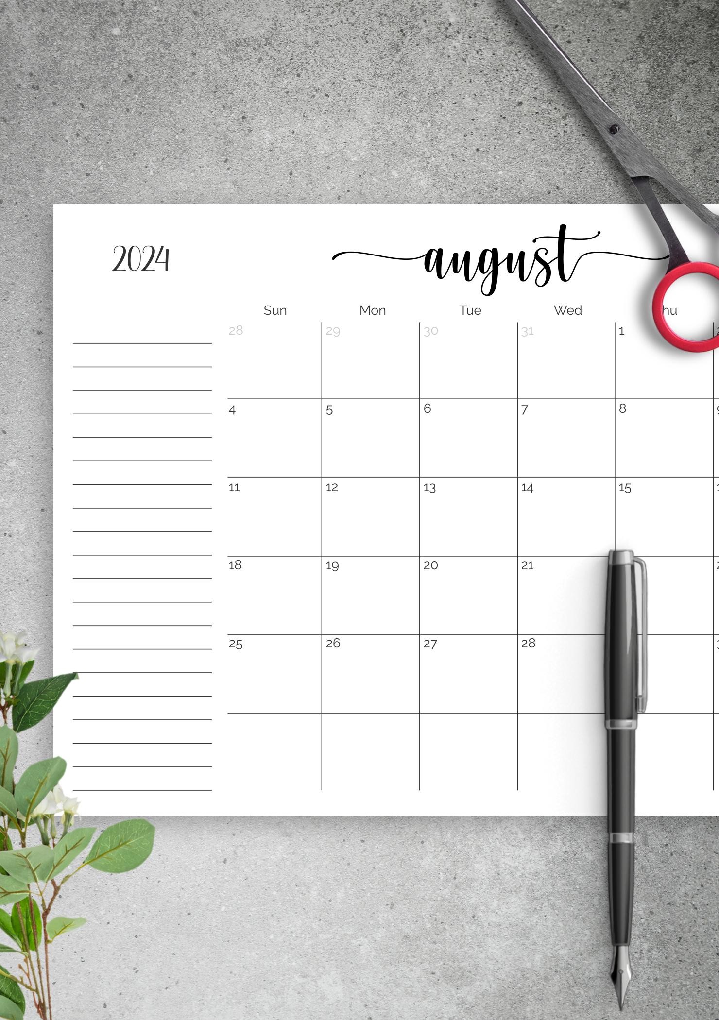 Download Printable Monthly Calendar with Notes Section PDF