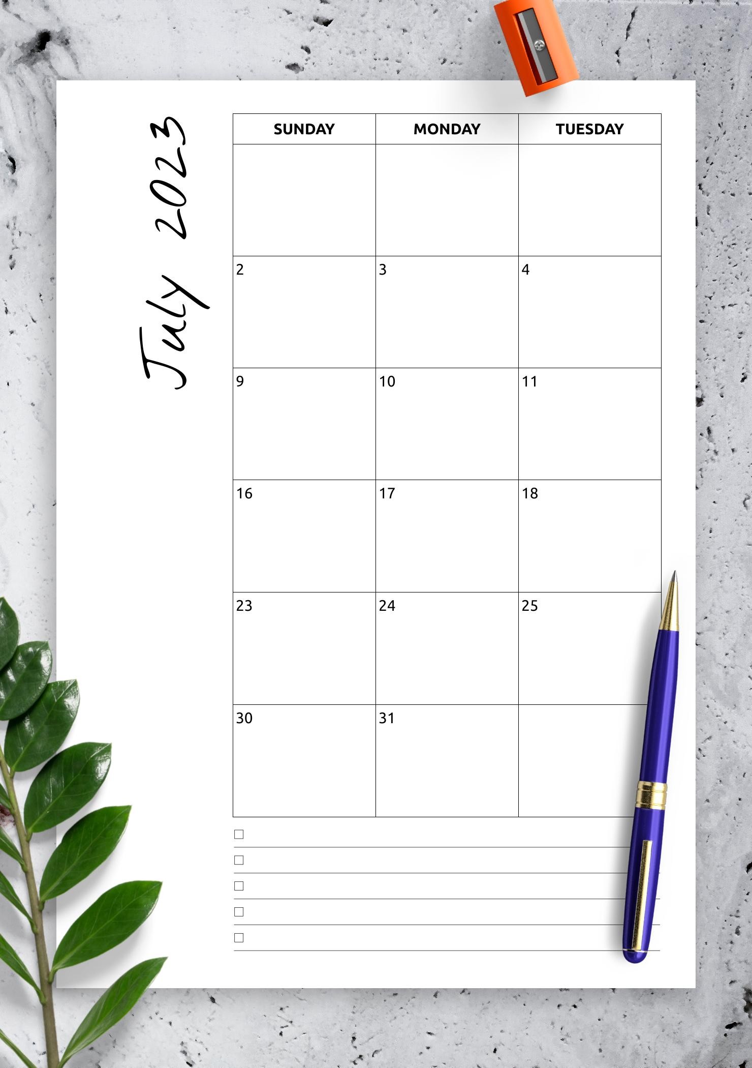 Download Printable Monthly calendar with notes PDF