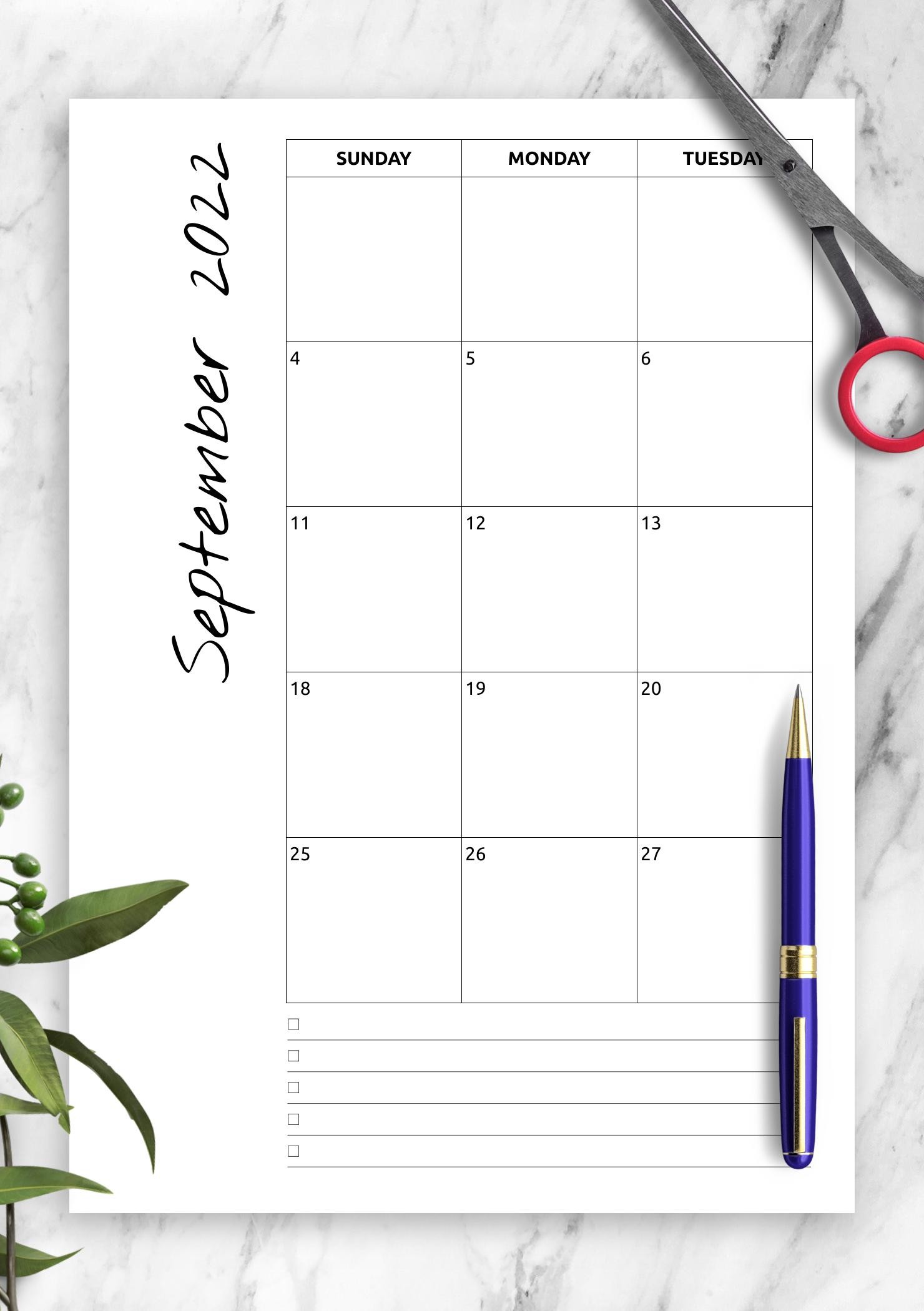 download printable monthly calendar with notes pdf