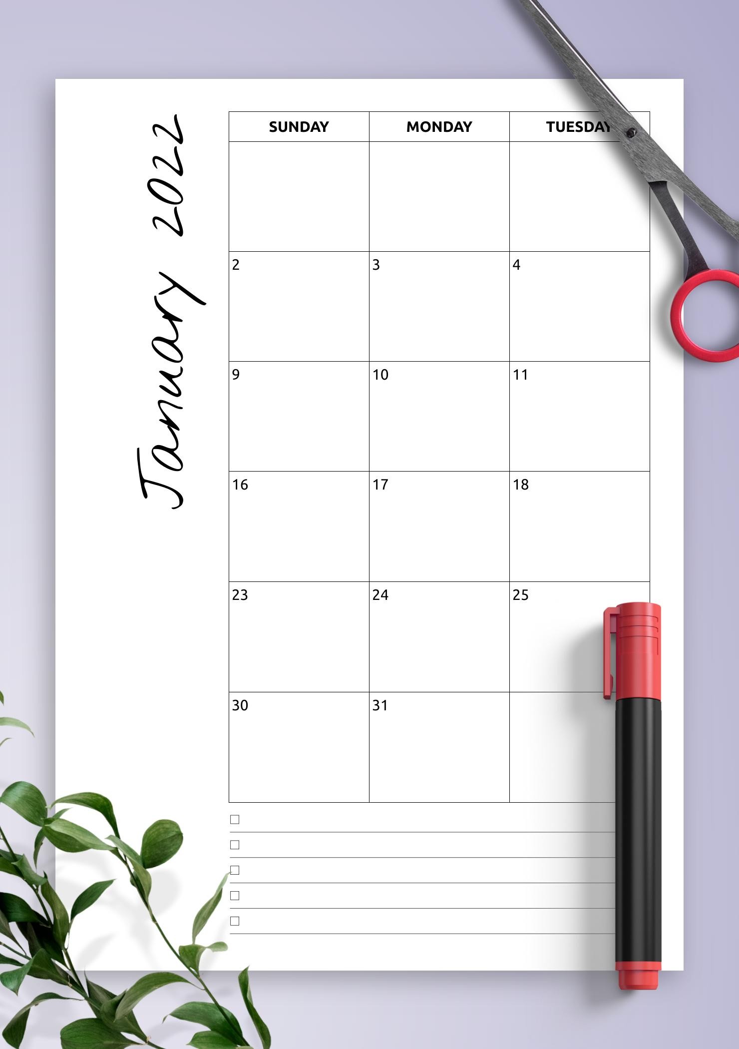 Download Printable Monthly calendar with notes PDF