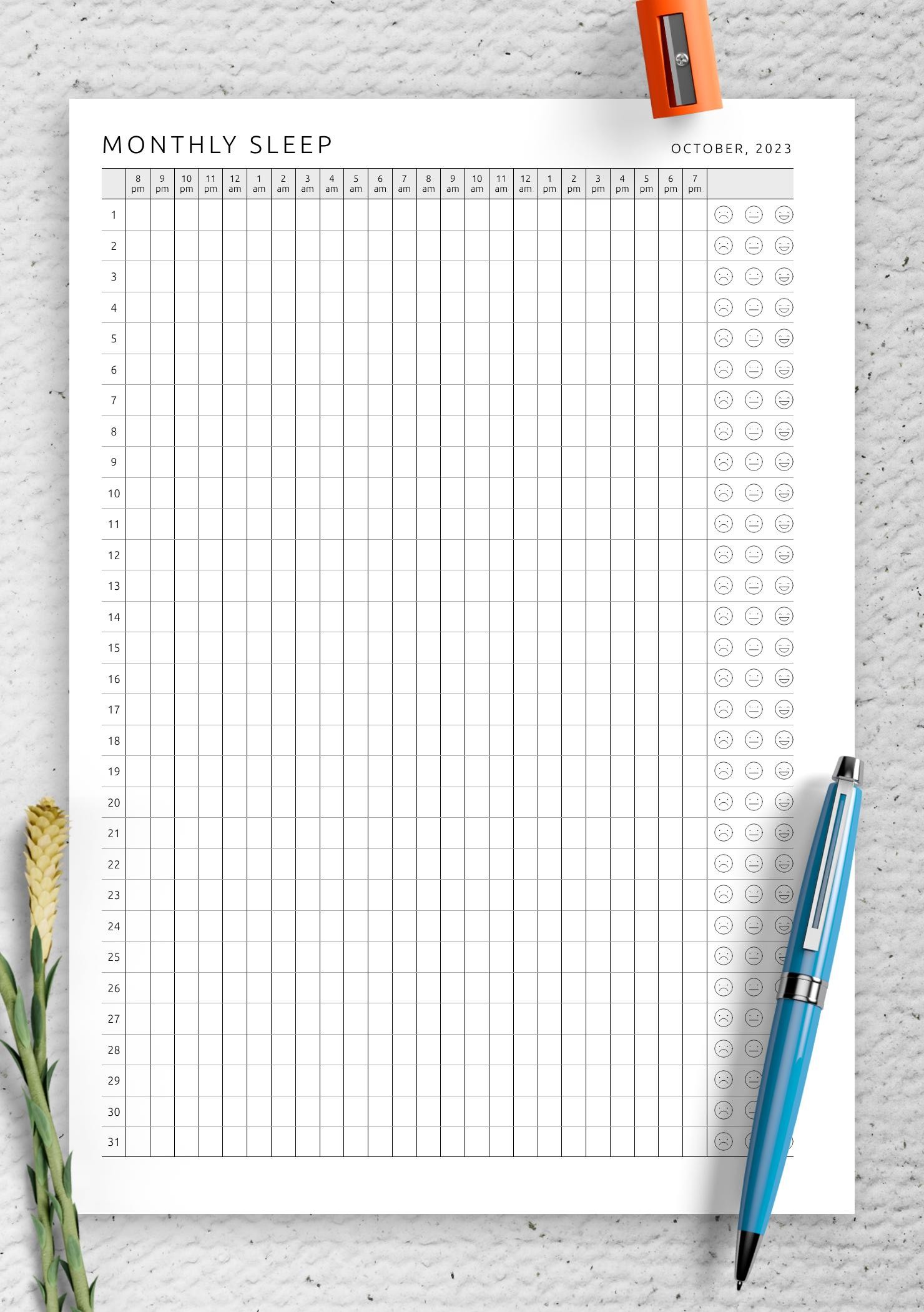 Download Printable Monthly Sleep Tracker Template PDF