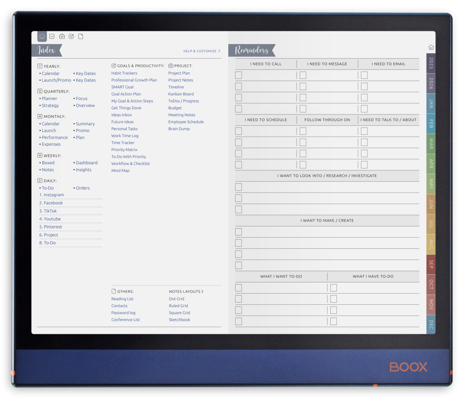 ONYX BOOX - Digital Shop Planner - Landscape Elegant-Color Theme