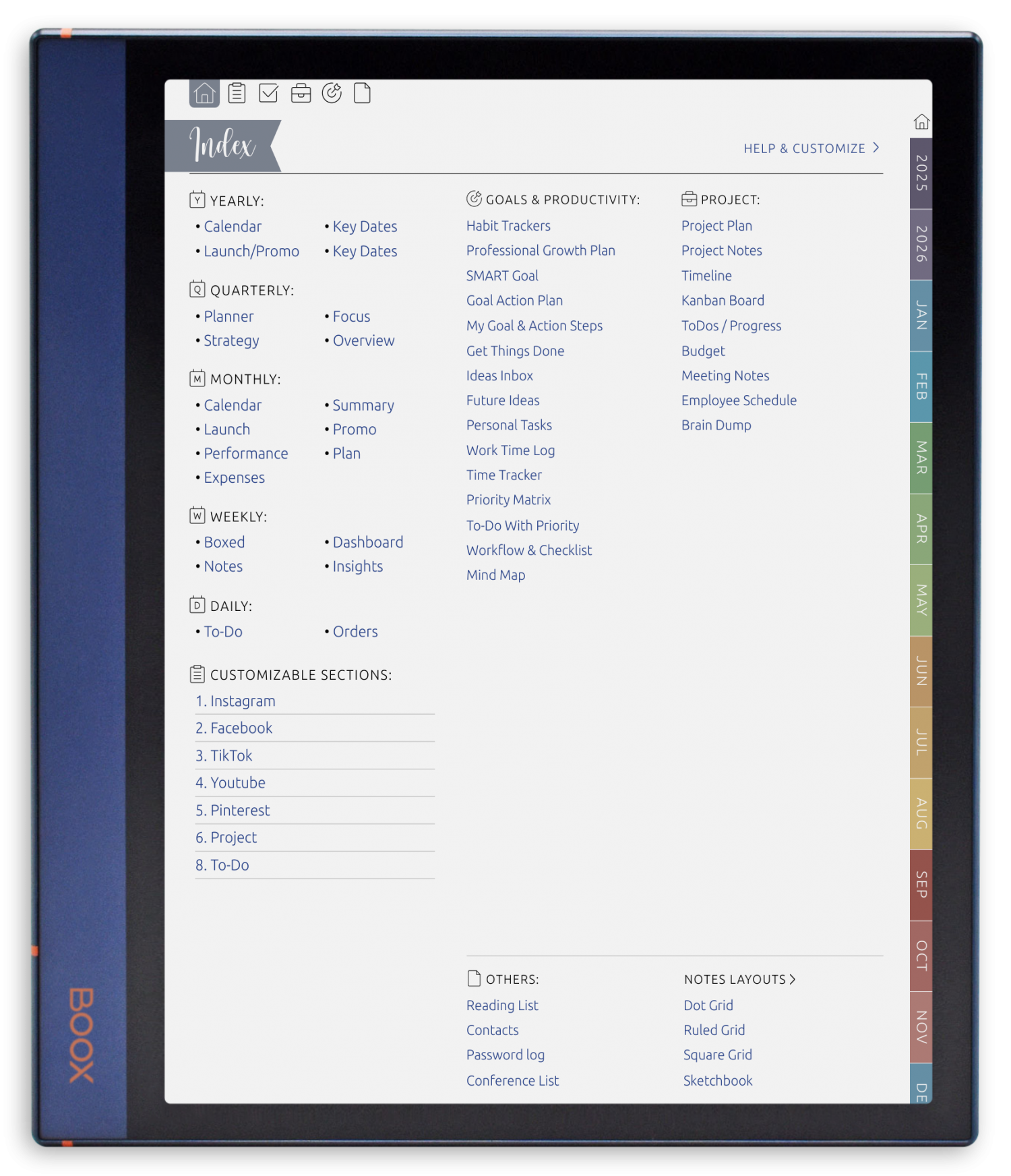 ONYX BOOX - Digital Shop Planner - Portrait Elegant-Color Theme