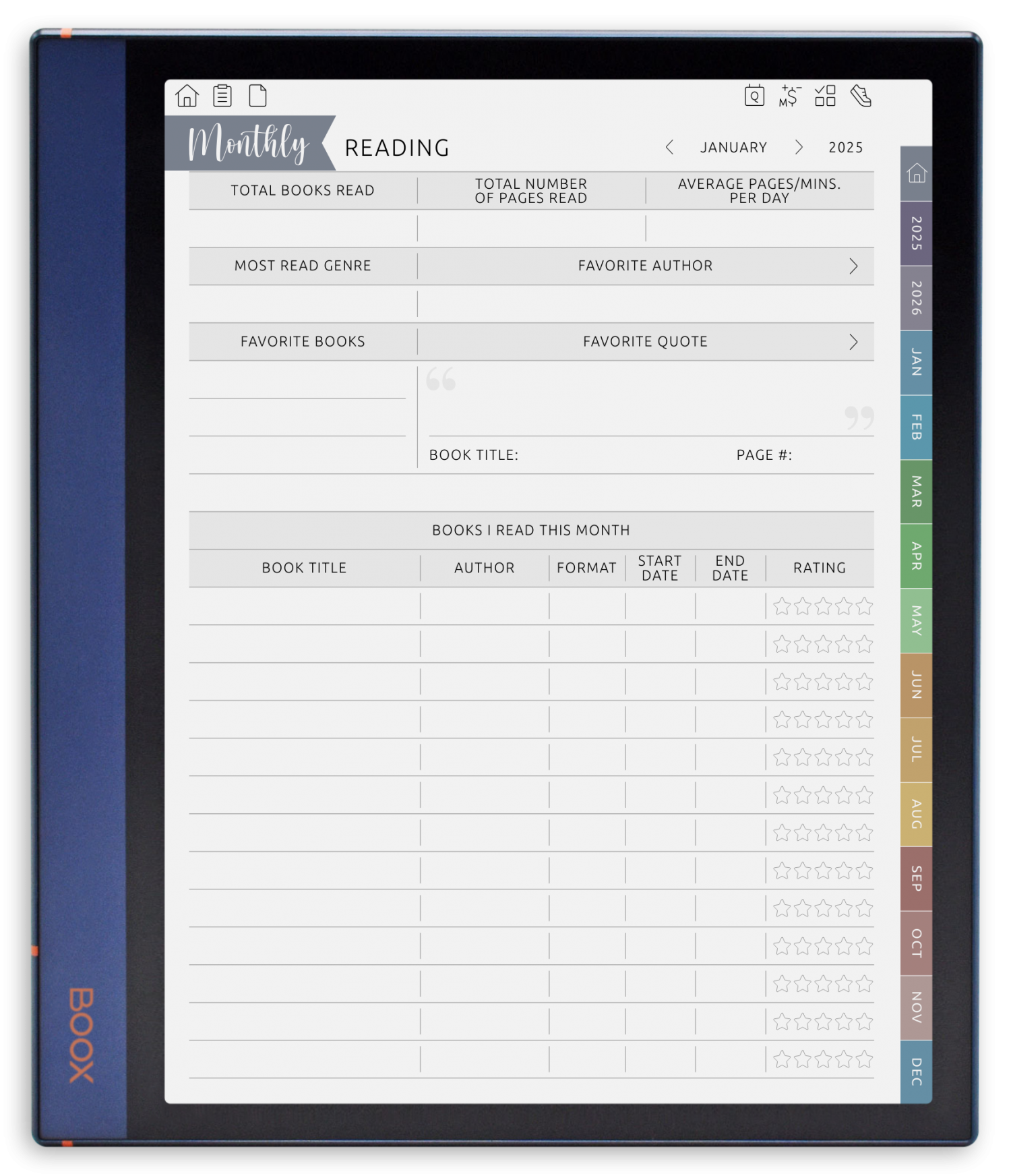 ONYX BOOX - Reading Journal - Portrait Elegant-Color Theme
