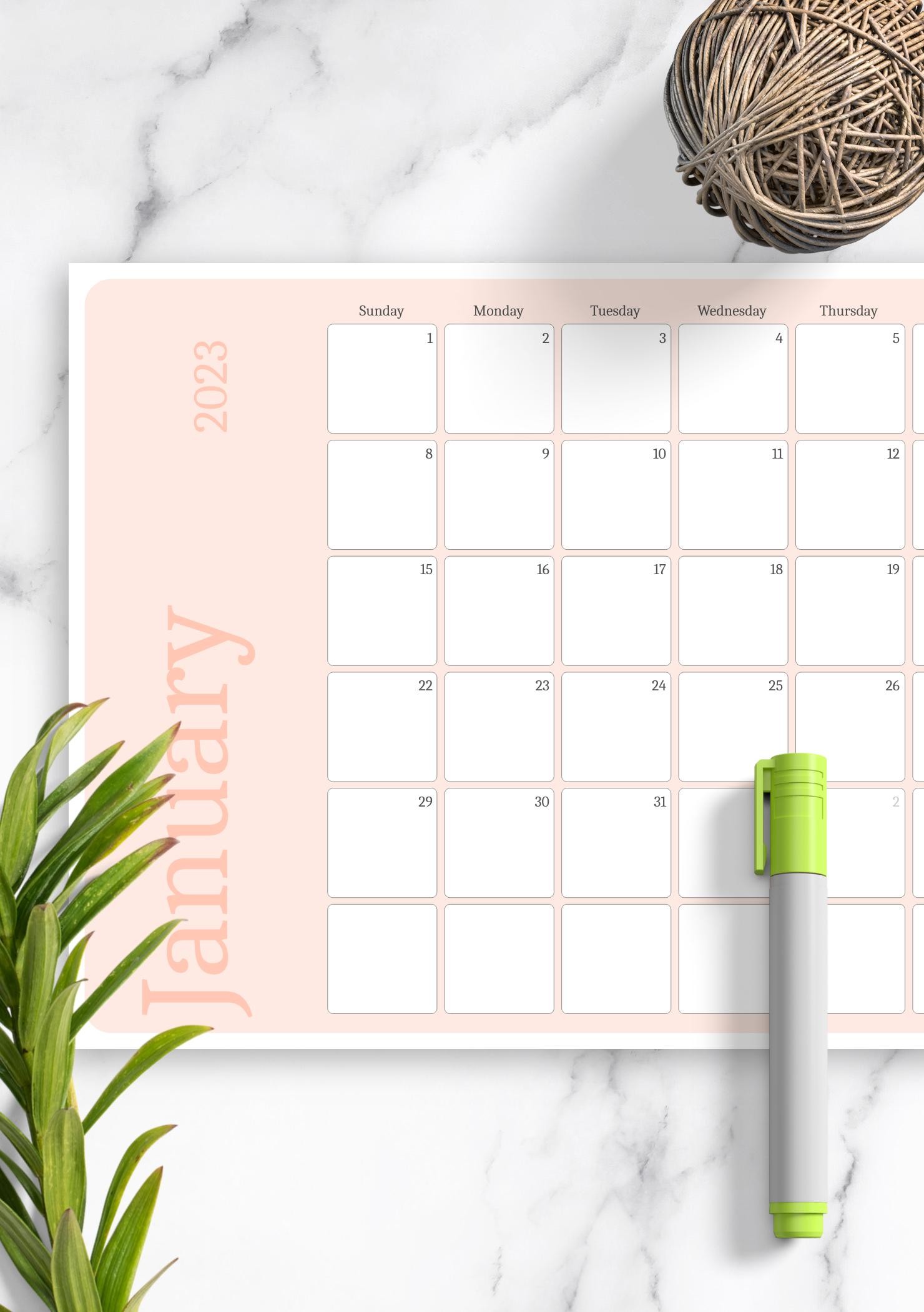 Download Printable Pink Monthly Calendar PDF