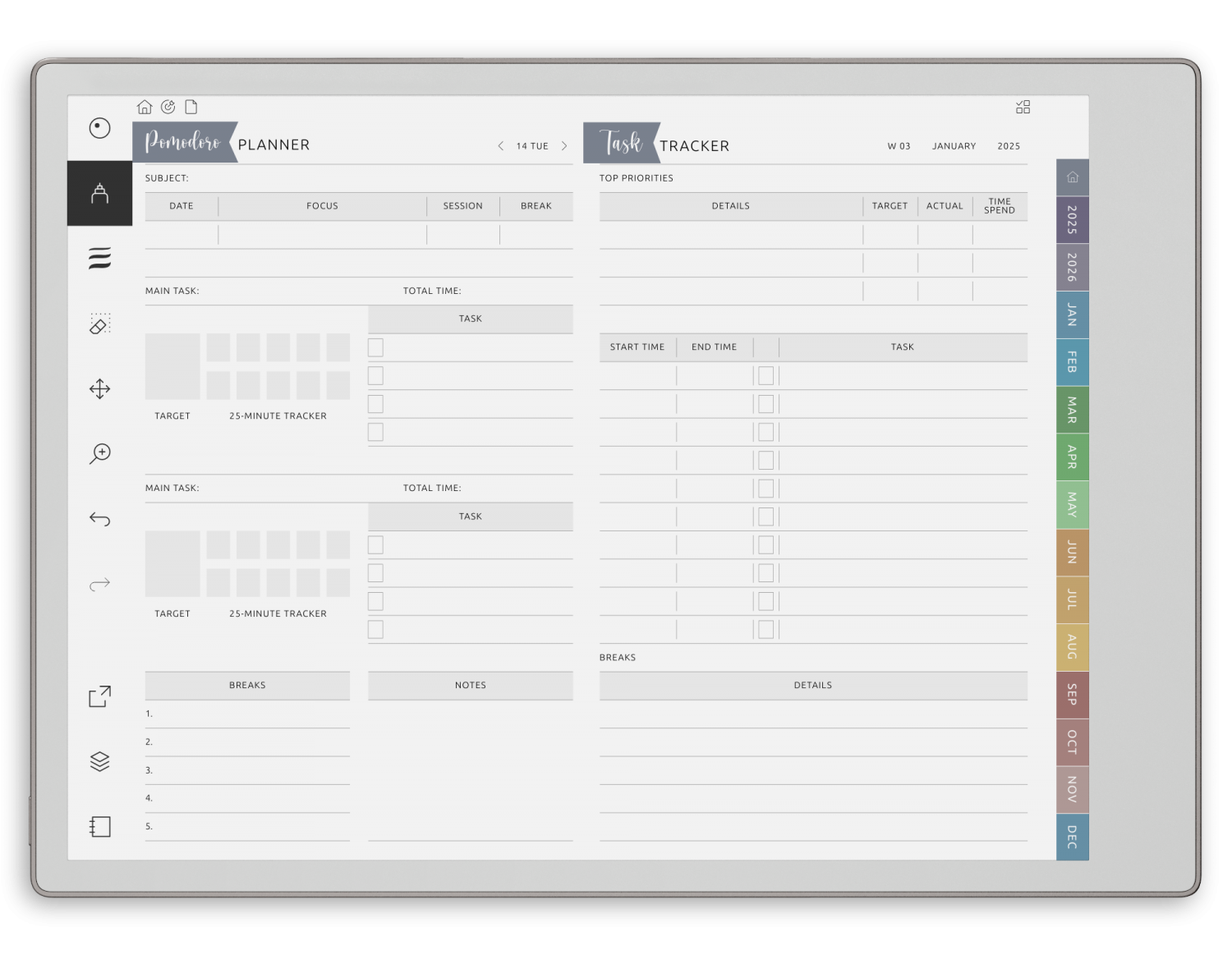reMarkable Pomodoro Planner - Landscape Elegant-Color Theme