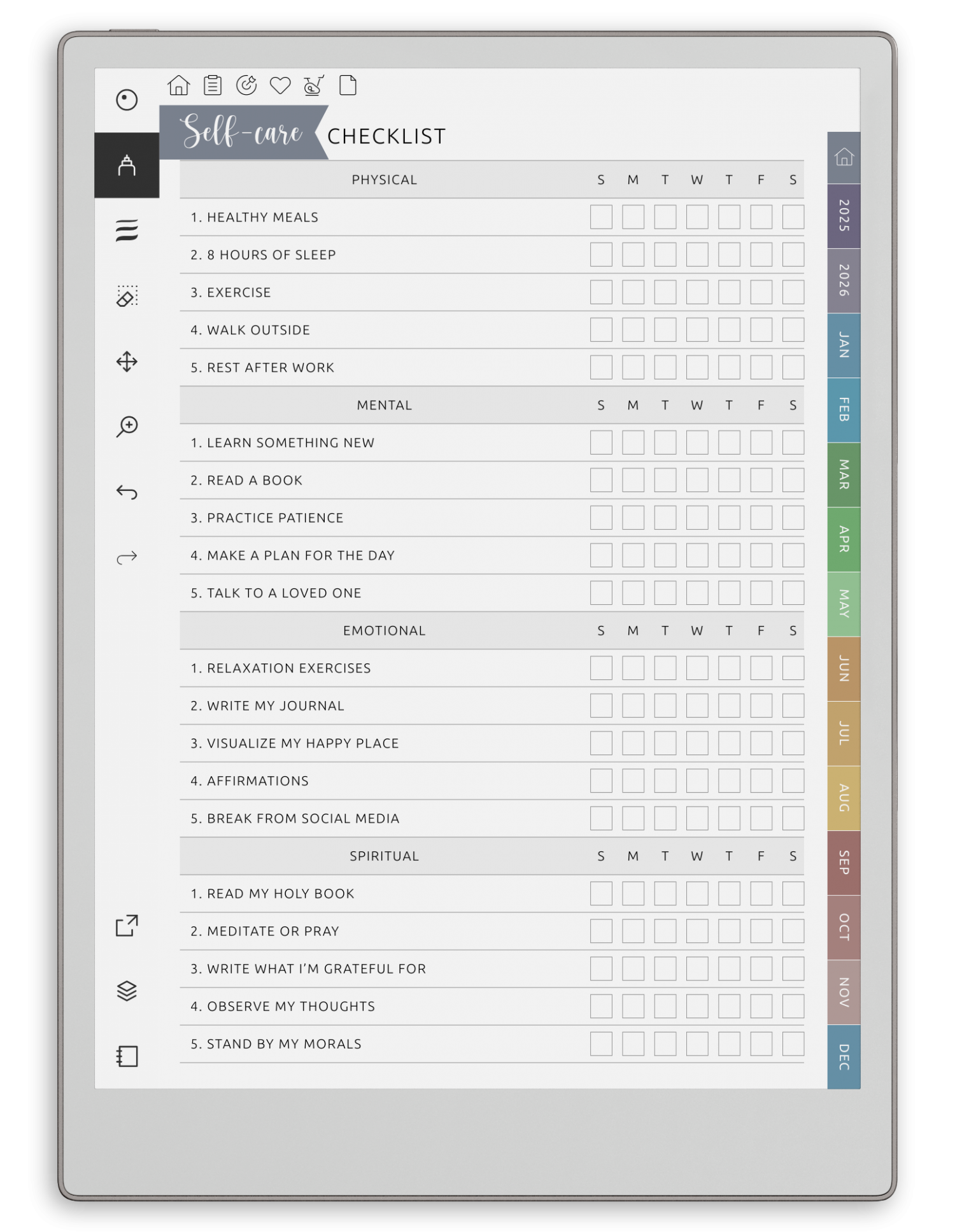 reMarkable Self-Care Planner - Portrait Elegant-Color Theme