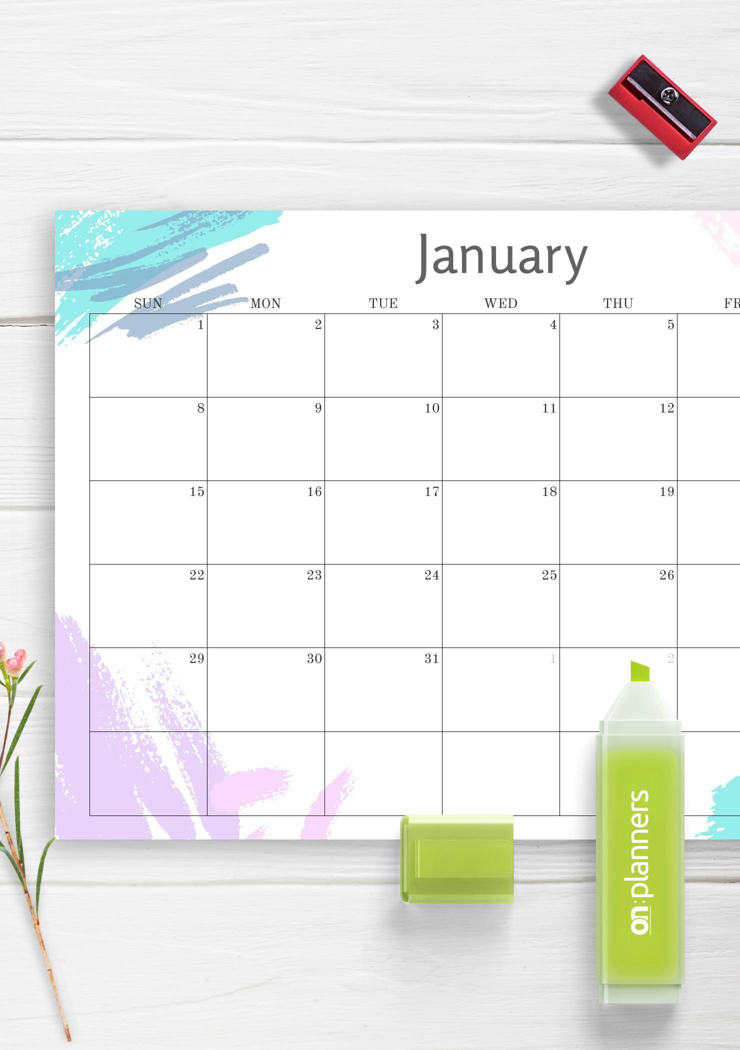 Download Printable Simple Colored Monthly Calendar PDF