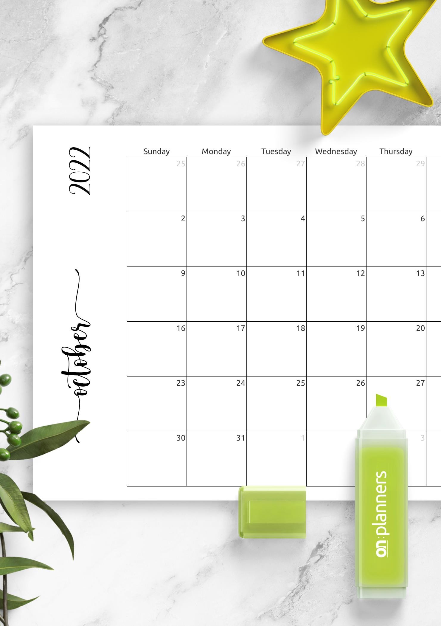 Download Printable Simple Monthly Calendar Horizontal PDF