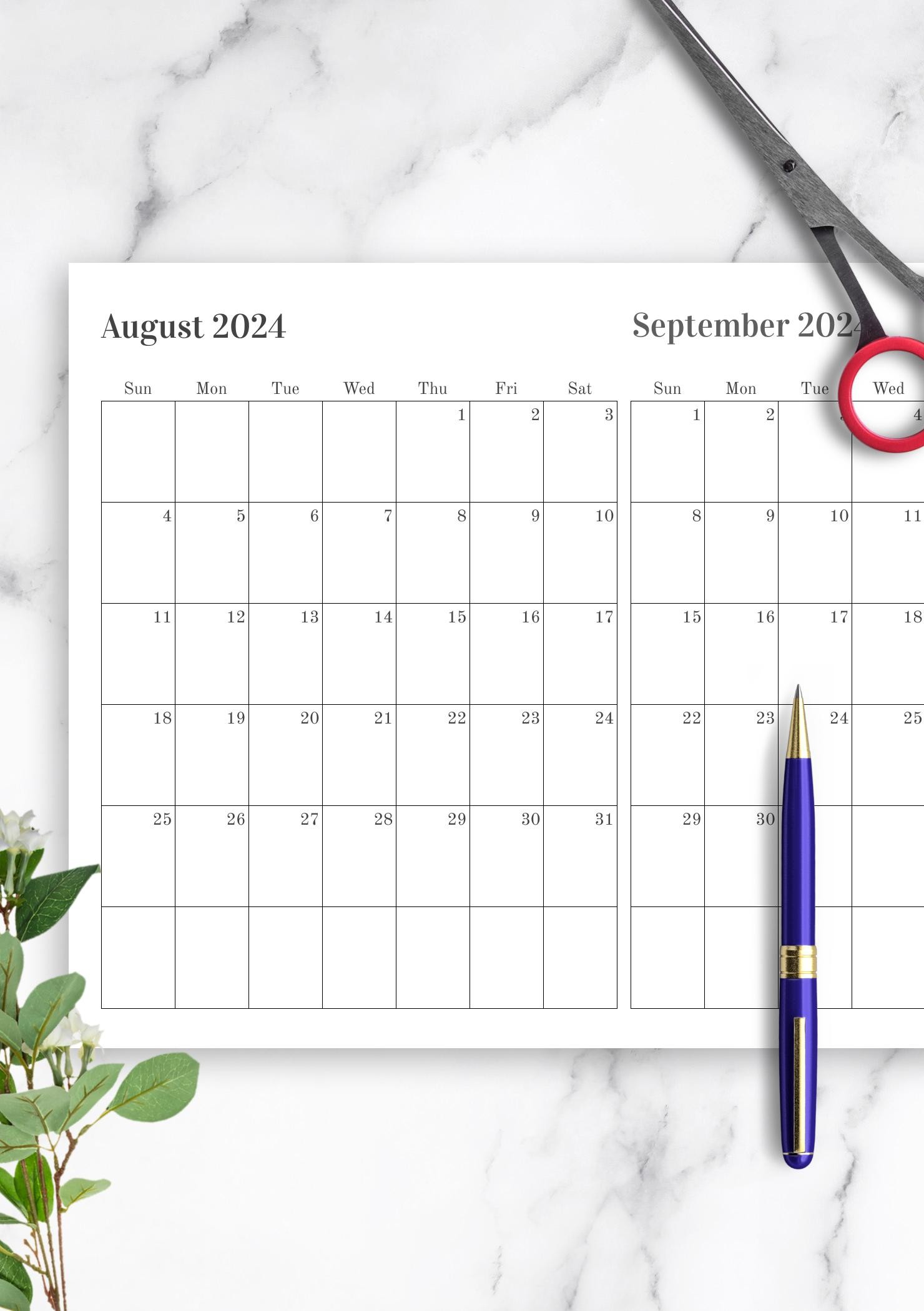 Download Printable Two Months on One Page Calendar PDF