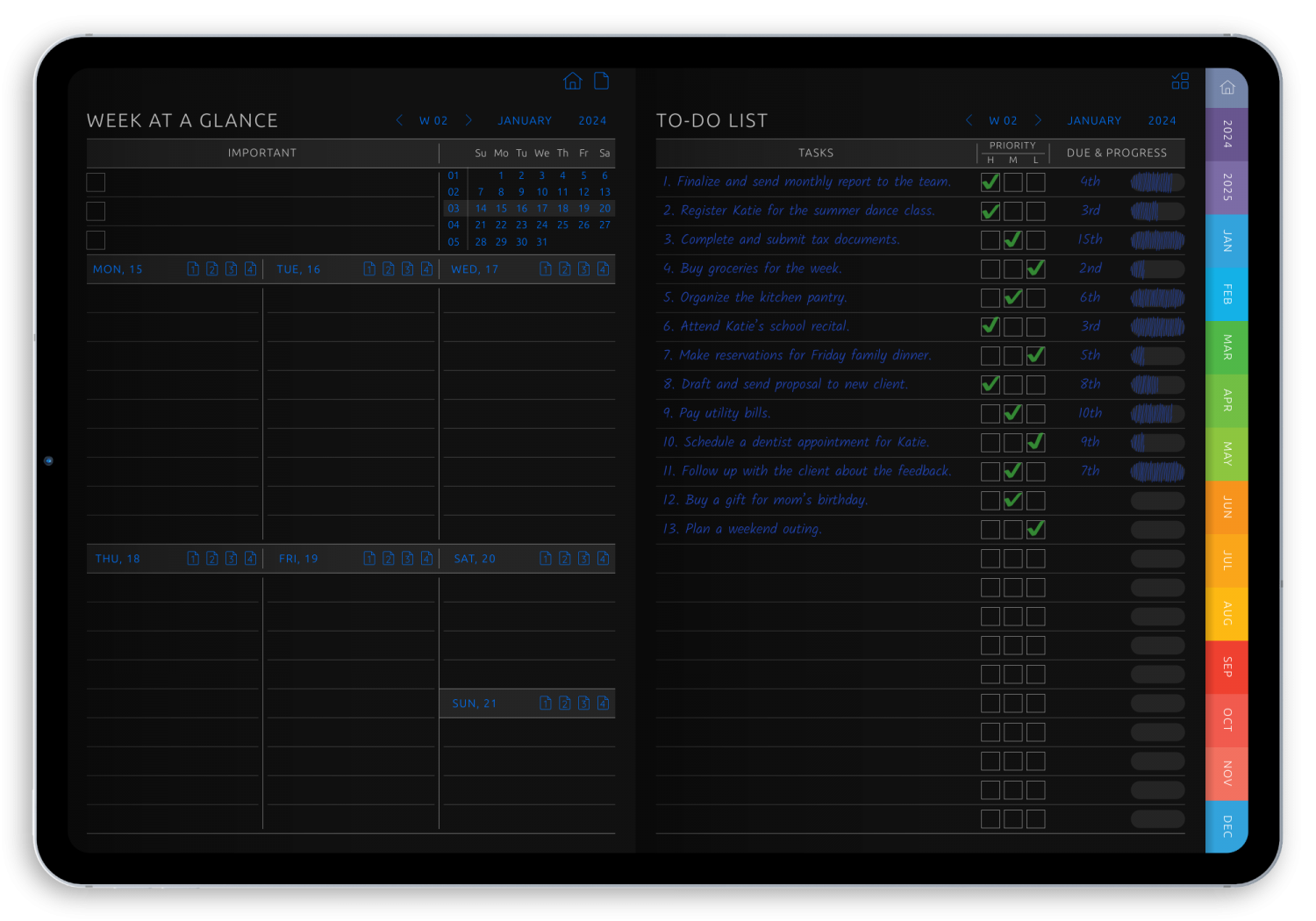 Weekly To-Do Digital Planner for iPad - Landscape Dark Theme