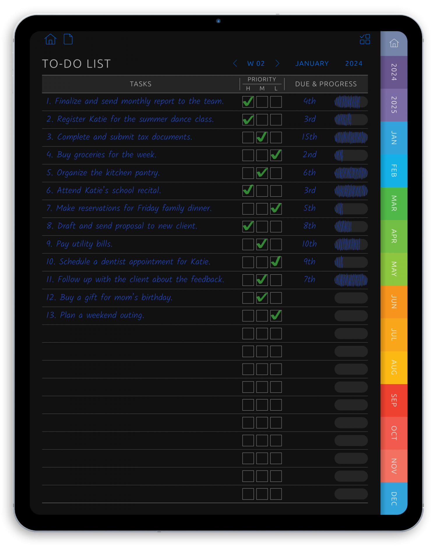 Weekly To-Do Digital Planner for iPad - Portrait Dark Theme