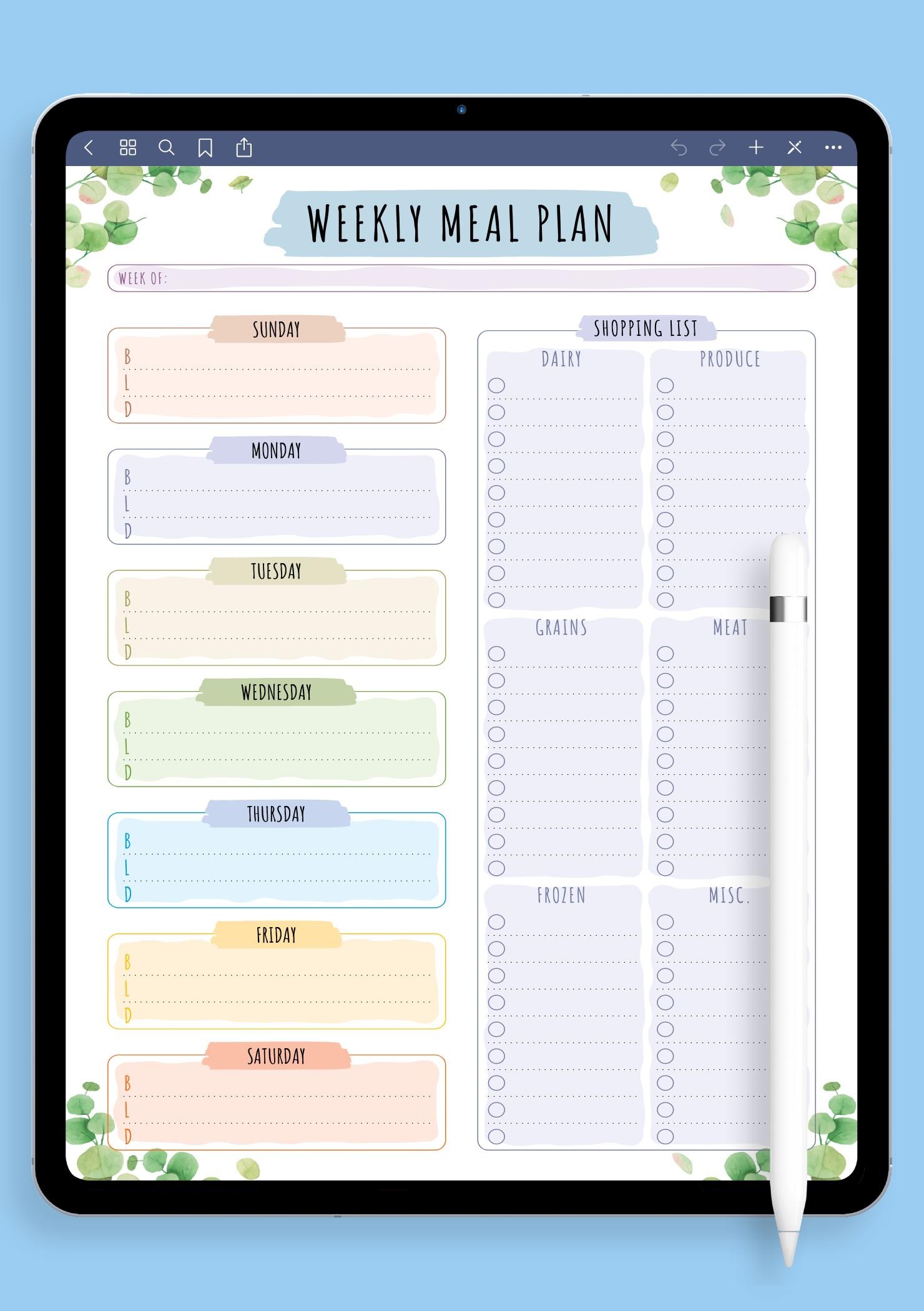 Download Printable Weekly Meal Plan with Shopping List - Floral Style PDF
