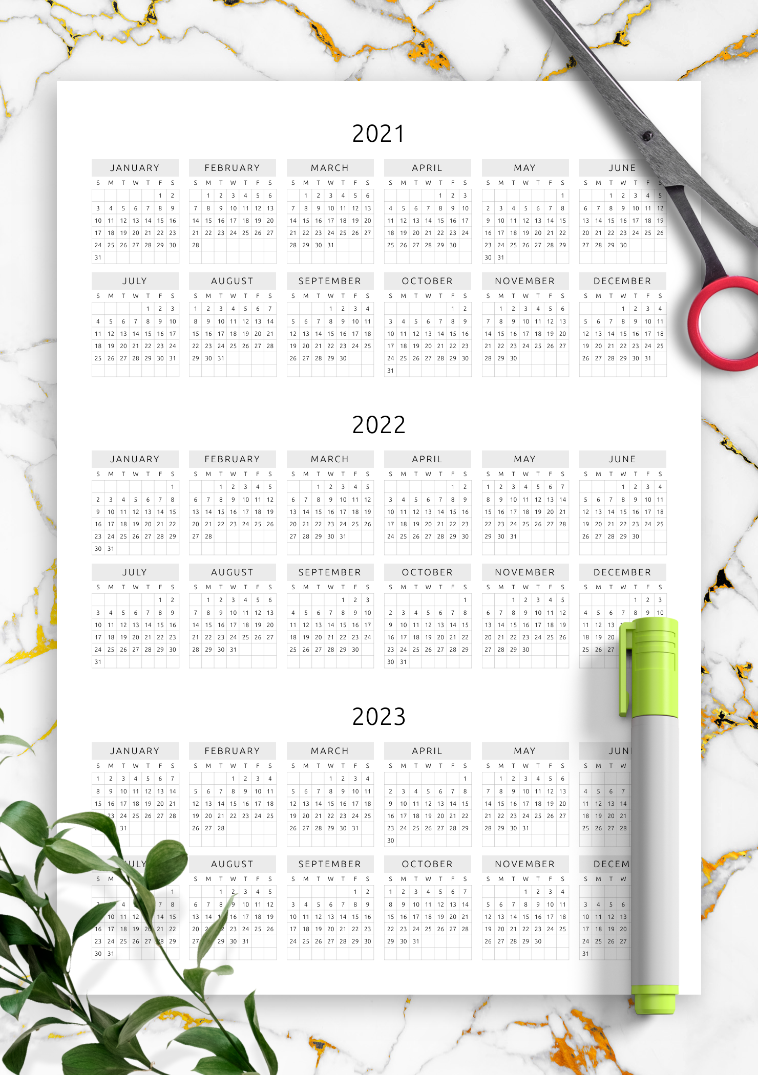 Download Printable 3 year Calendar Template Original Style PDF