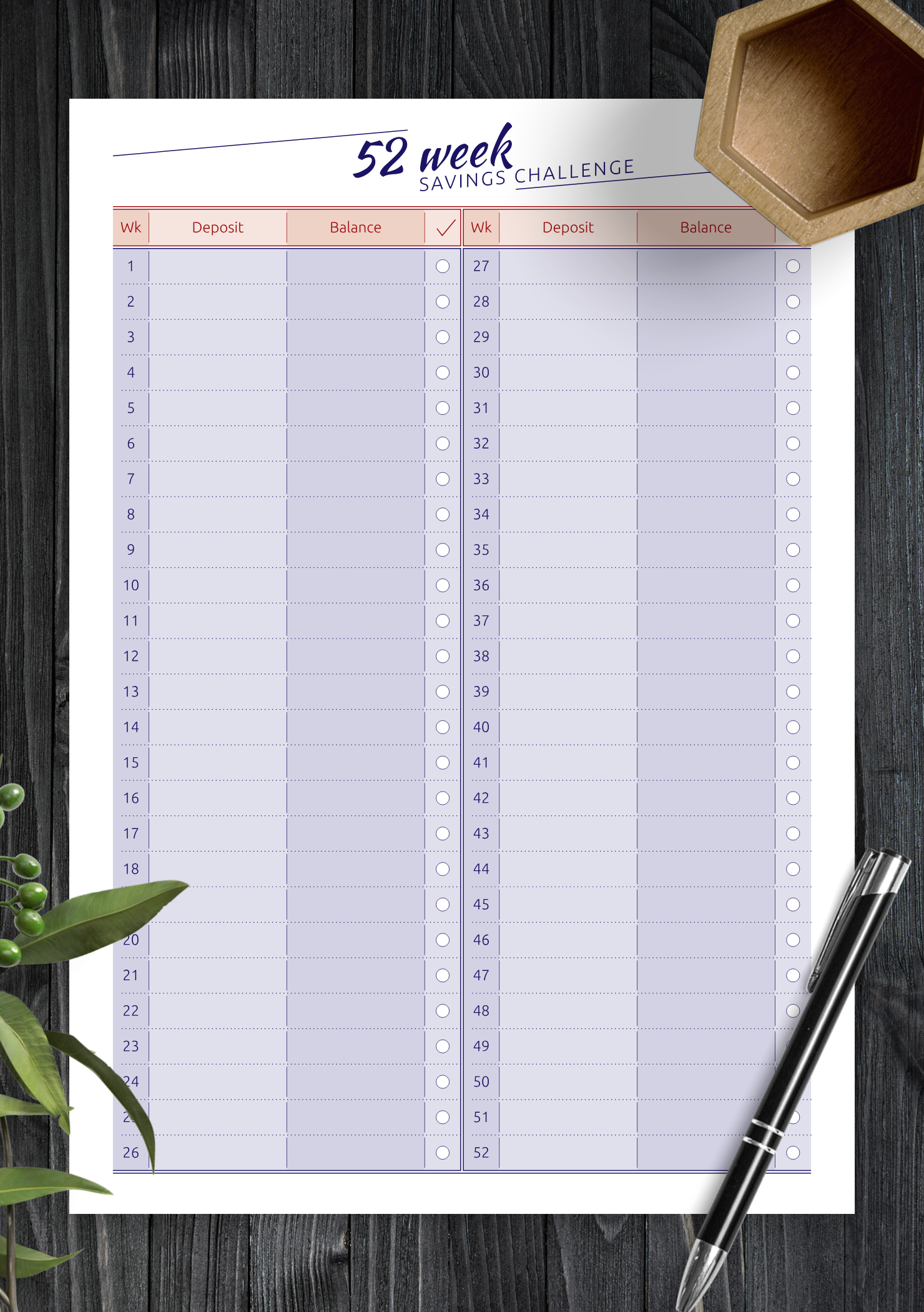 52 Week Savings Challenge Two Sided Dashboard for use with Filofax A5