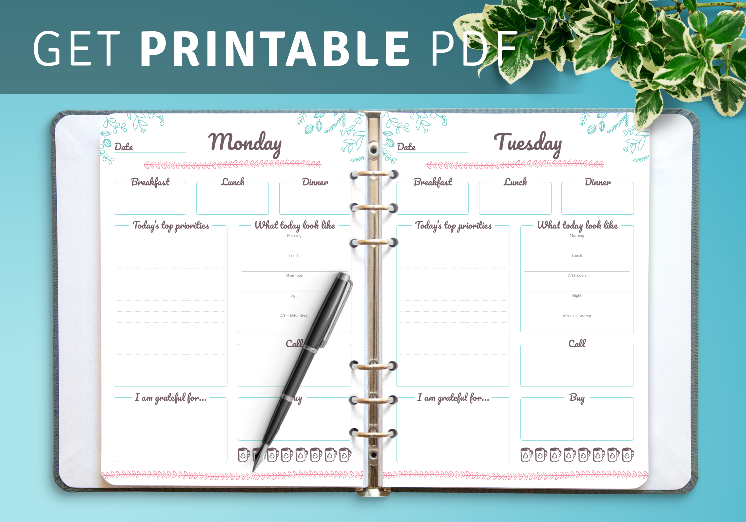 Horizontal Printable 7 Day Planner Daily Planner Day Planner