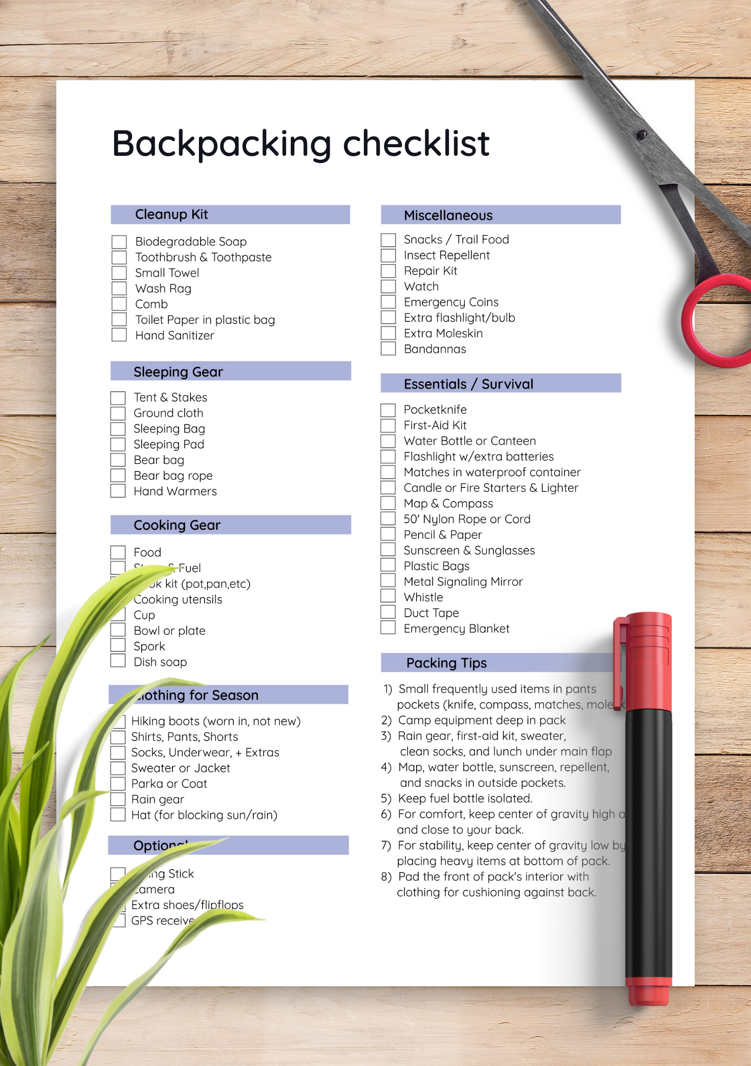 Printable Backpacking Checklist Template Template 