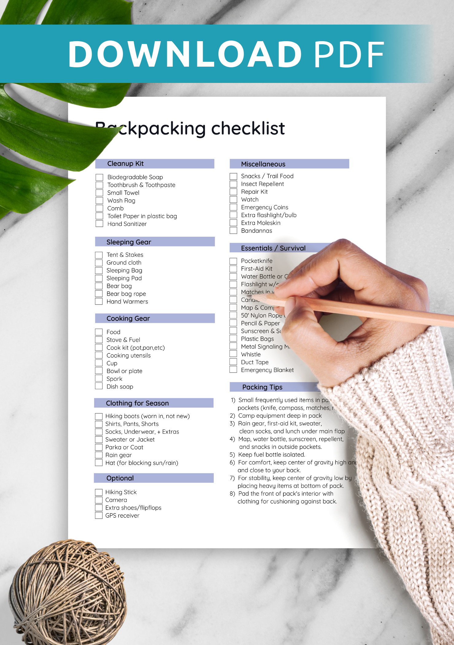 Download Printable Backpacking Checklist Template PDF