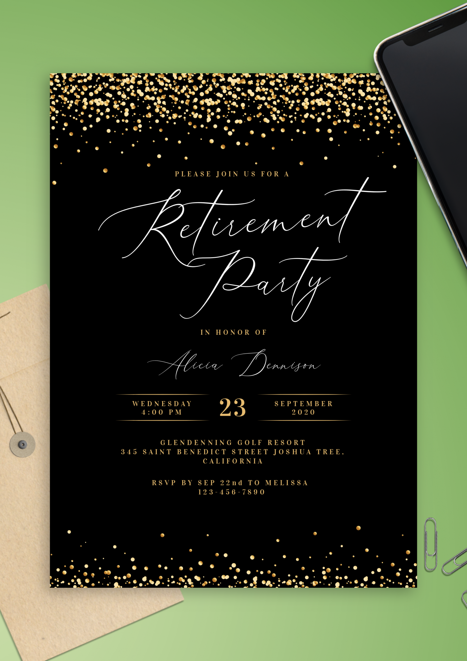 Download Printable Black and Gold Retirement Party Invitation PDF